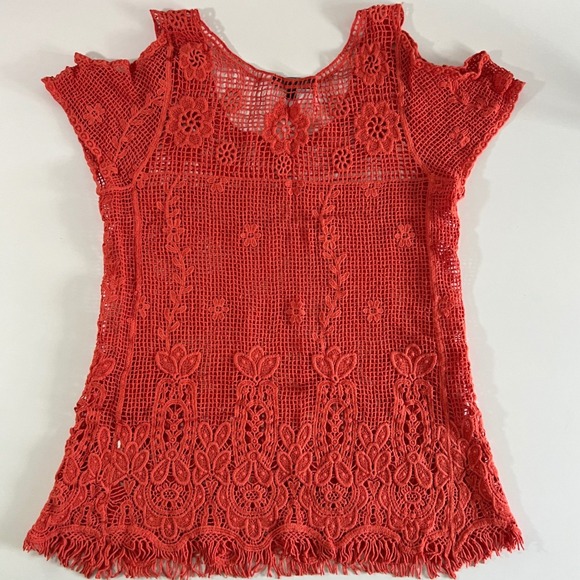 Verty‎ Crochet Knit Top Orange Floral Open Cold Shoulder Short Sleeve L - Picture 2 of 5